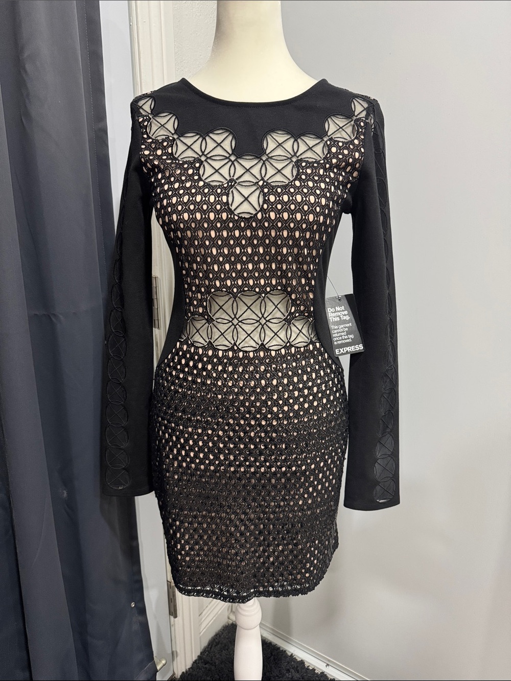 Express Super Sexy Black Crochet Long-Sleeve Bodycon Dress Club S NWT